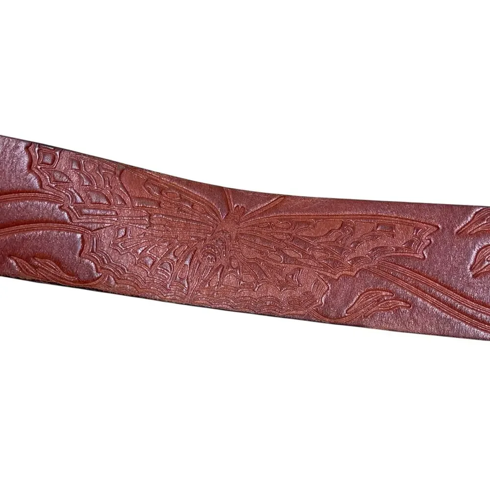 Vintage Fossil Boho Brown Leather Belt Size M Embossed Butterflies 29